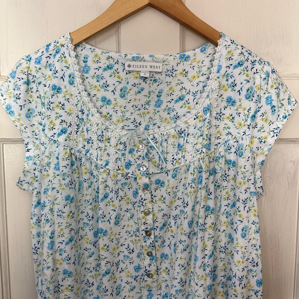 Eileen West Women's Floral Cap Sleeve Nightgown White Blue Yellow Size Small